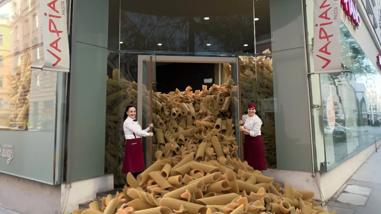 vapiano fooh advertising stillframe of noodle avalanche of mixed reality video