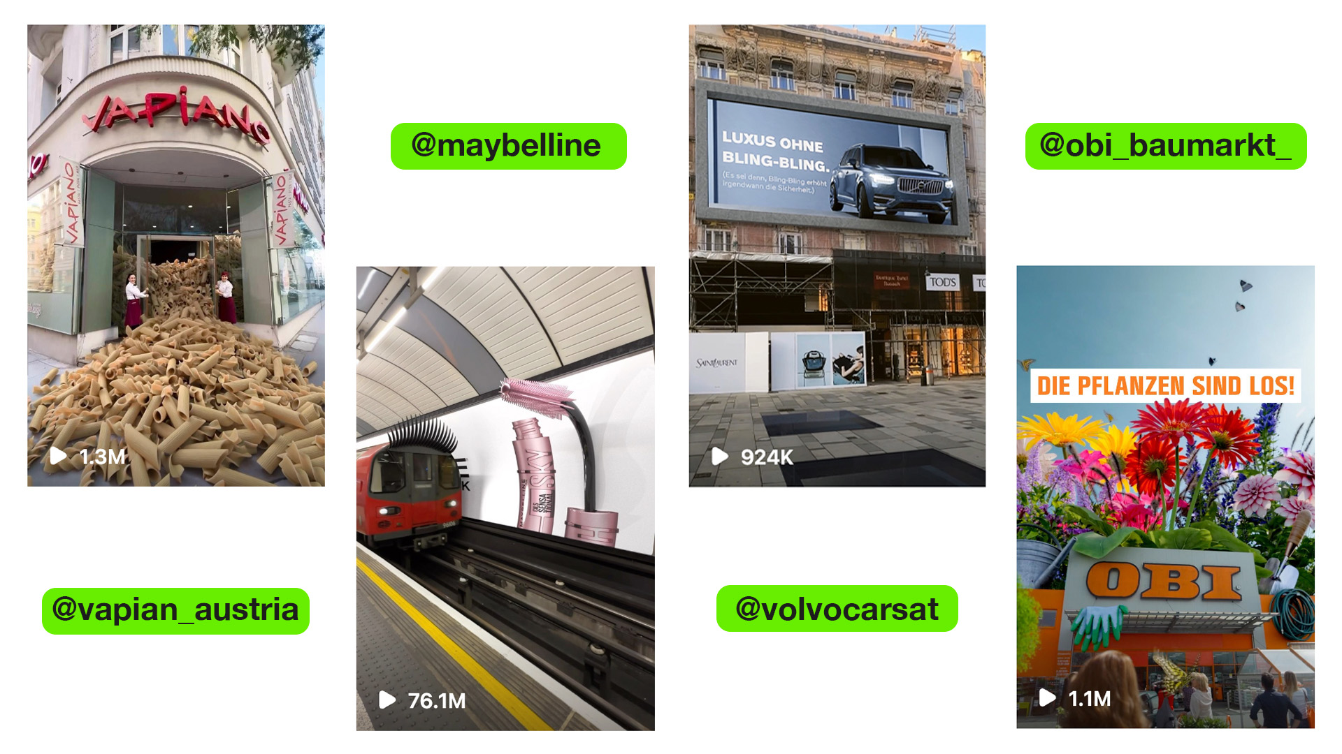 fake out of home advertising examples from vapiano austria, maybelline, volvo austria and obi